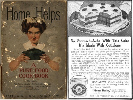 Vintage Home Helps Pure Food Cookbook cover and Cottolene cake advertisement promoting stomach-safe baking ingredients from early 1900s