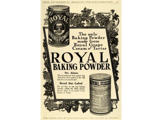 Royal Baking Powder vintage advertisement highlighting alum-free formulation made from Royal Grape Cream of Tartar