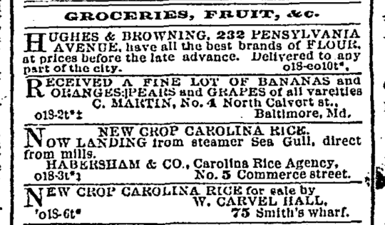 Historical newspaper advertisements for groceries including flour, bananas, oranges, and Carolina rice from 1897