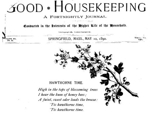 Good Housekeeping magazine cover from May 10, 1890 featuring hawthorn blossoms and vintage recipe content