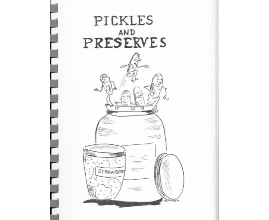 illustration of pickles and preserves section of "Maryland Cooking" with illustrated jars and cartoon vegetables jumping out of large container