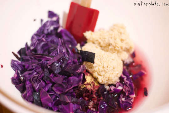 Purple cabbage slaw with horseradish and mustard powder in white bowl