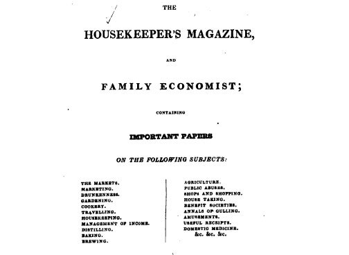 Housekeeper's Magazine and Family Economist title page listing important papers on markets, cooking, household management and agriculture topics