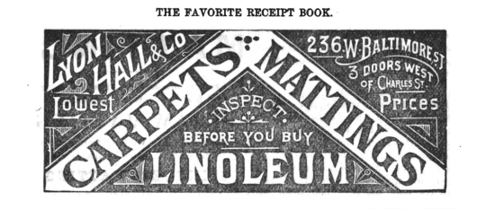 Vintage Lyons Hall & Co linoleum advertisement from 1884 Favorite Receipt Book promoting carpet matting and flooring