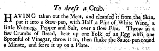 Historical recipe for dressing crab with meat, breadcrumbs, egg, vinegar, nutmeg, pepper and salt from 18th century cookbook