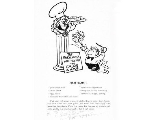 Vintage illustration showing the history of crab cakes with a tall chef figure and small character, featuring recipe ingredients and instructions below