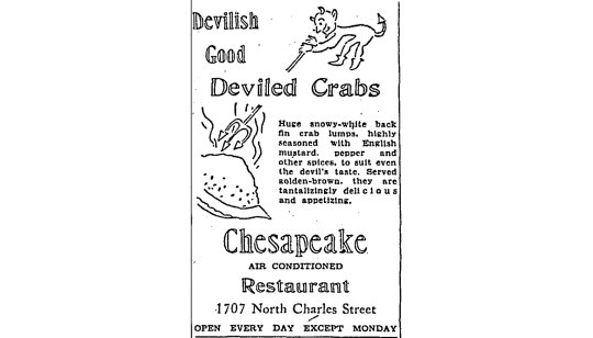 Vintage Chesapeake Restaurant ad featuring Deviled Crabs and Crab Cakes recipe from 1707 North Charles Street Baltimore