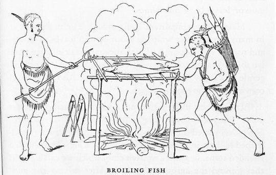 Historical illustration of two indigenous people broiling fish over fire, depicting traditional cooking methods