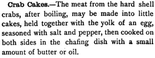 Vintage crab cakes recipe with crab meat, egg yolk, salt, pepper, butter cooked in chafing dish