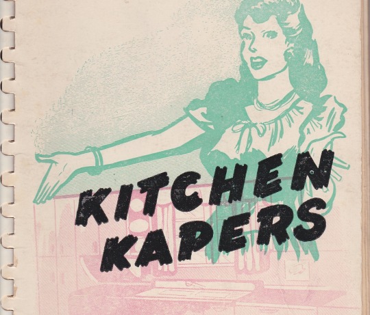 Vintage Kitchen Kapers cookbook cover featuring retro 1950s illustration and creamed kale recipe