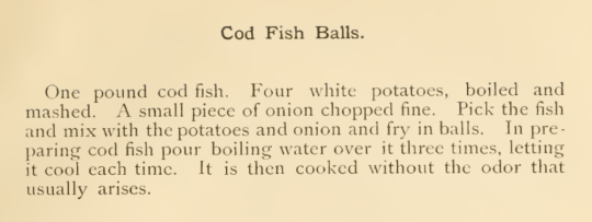 Vintage cod fish balls recipe with potatoes and onion, traditional Baltimore seafood preparation instructions