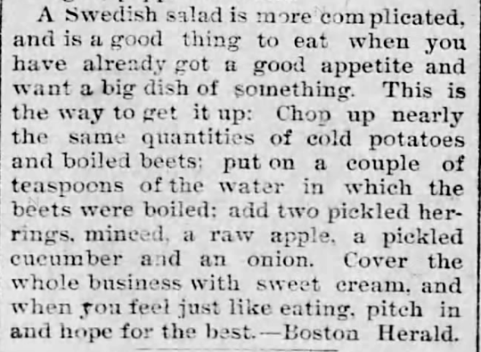 Vintage Swedish salad recipe from Boston Herald featuring potatoes, beets, pickled herrings, apple and cream dressing