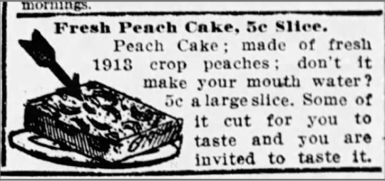 Vintage 1913 Fresh Peach Cake advertisement slice with fork, 5 cents, Baltimore bakery promotion
