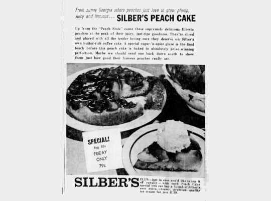 Vintage Silber's Peach Cake advertisement featuring delicious peach cake with special sugar-spice glaze and fresh peaches