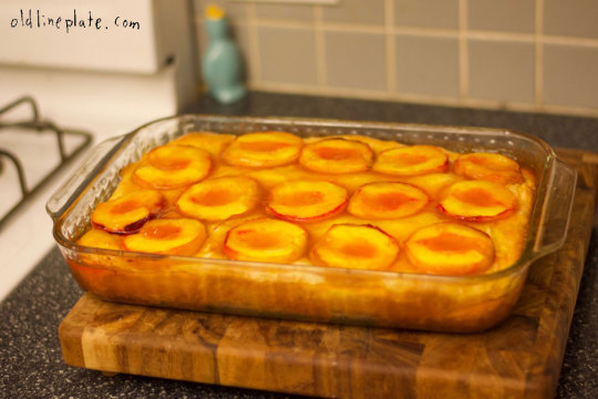 Homemade Baltimore peach cake with glazed peach slices arranged on sweet dough base in baking dish