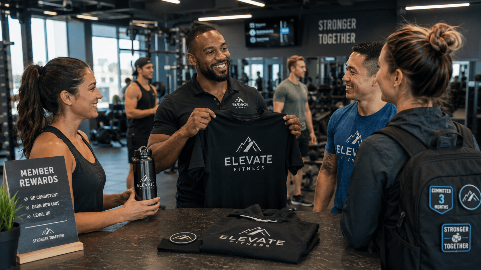 Gym trainer presenting a custom printed shirt while members display an engraved bottle and embroidered achievement patches.