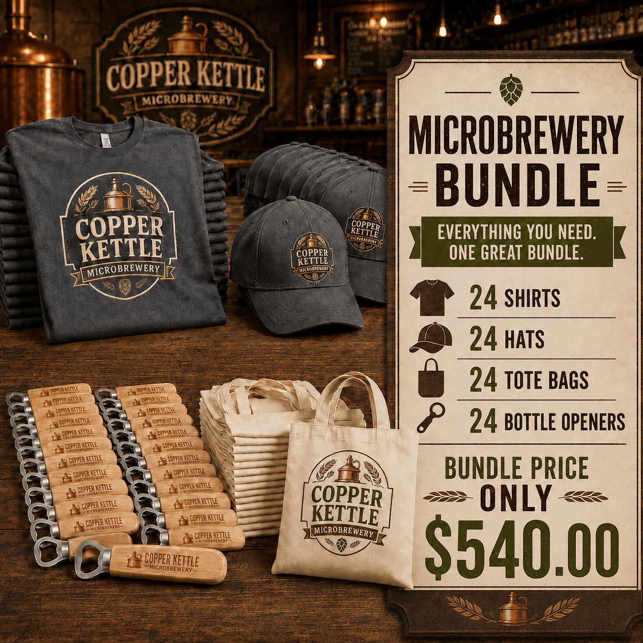 Microbrewery Custom Merch Bundle – 24 Shirts, 24 Hats, 24 Totes & 24 Bottle Openers