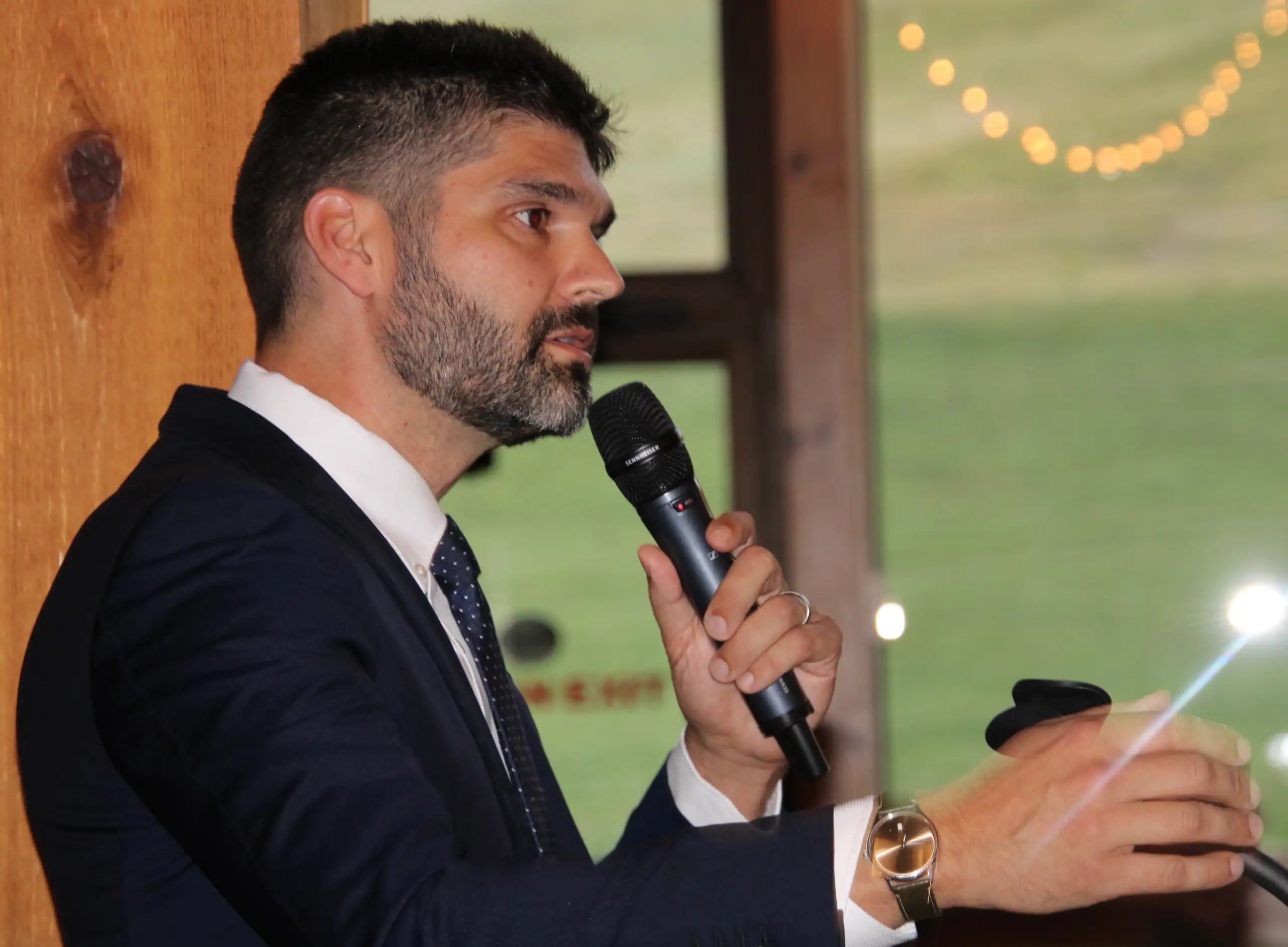 (Rick Miller/OIean Star) Democratic candidate Aaron Gies of Olean spoke at Friday’s Cattaraugus County Democrat Committee dinner at HoliMont in Ellicottville. He’s seeking the nomination in the 23rd Congressional District.