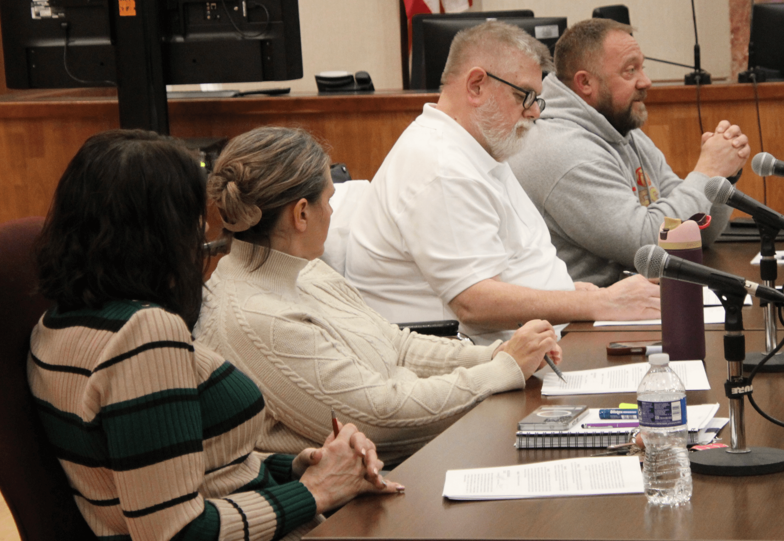 (Rick Miller/Olean Star) Olean aldermen expressed concern Tuesday over the timeline of the city's levee reaccreditation. Unless FEMA certifies the levee system, more than 2,900 homes and businesses would be required to purchase flood insurance. From left are Aldermen Soyna McCall, Jennifer Forney, Joseph Keary and Lawrence Bennion Jr.