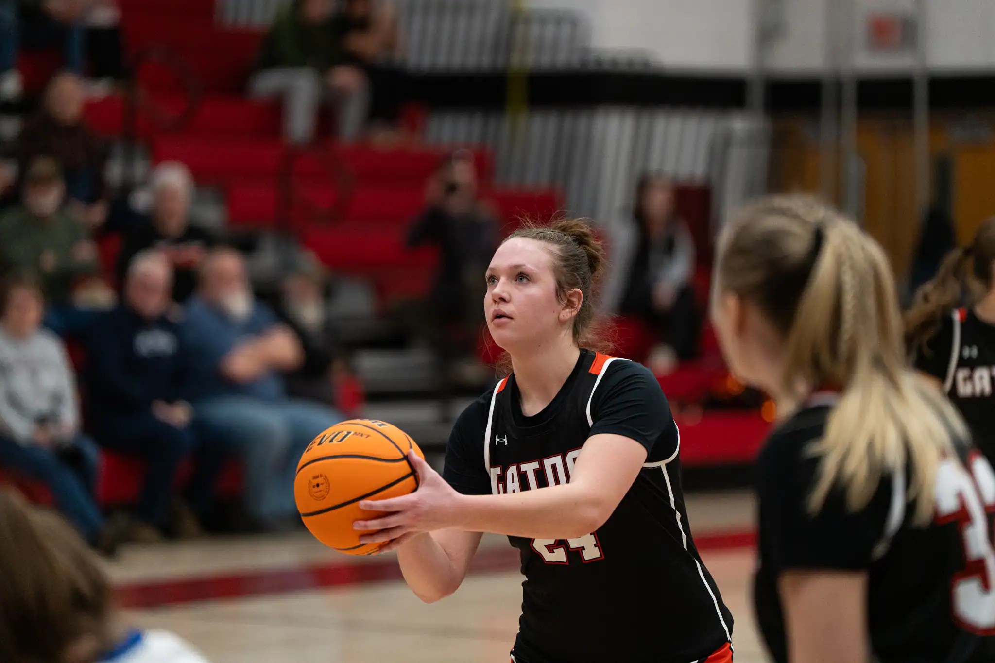 Port Allegany's Brynn Evens takes aim from the free throw line during the Lady Gators' season-ending loss to Kane in the Class 2A semifinals. In her final game as a Lady Gators, Evens led her team with a career-high 23 points. | Photo by Hunter O. Lyle