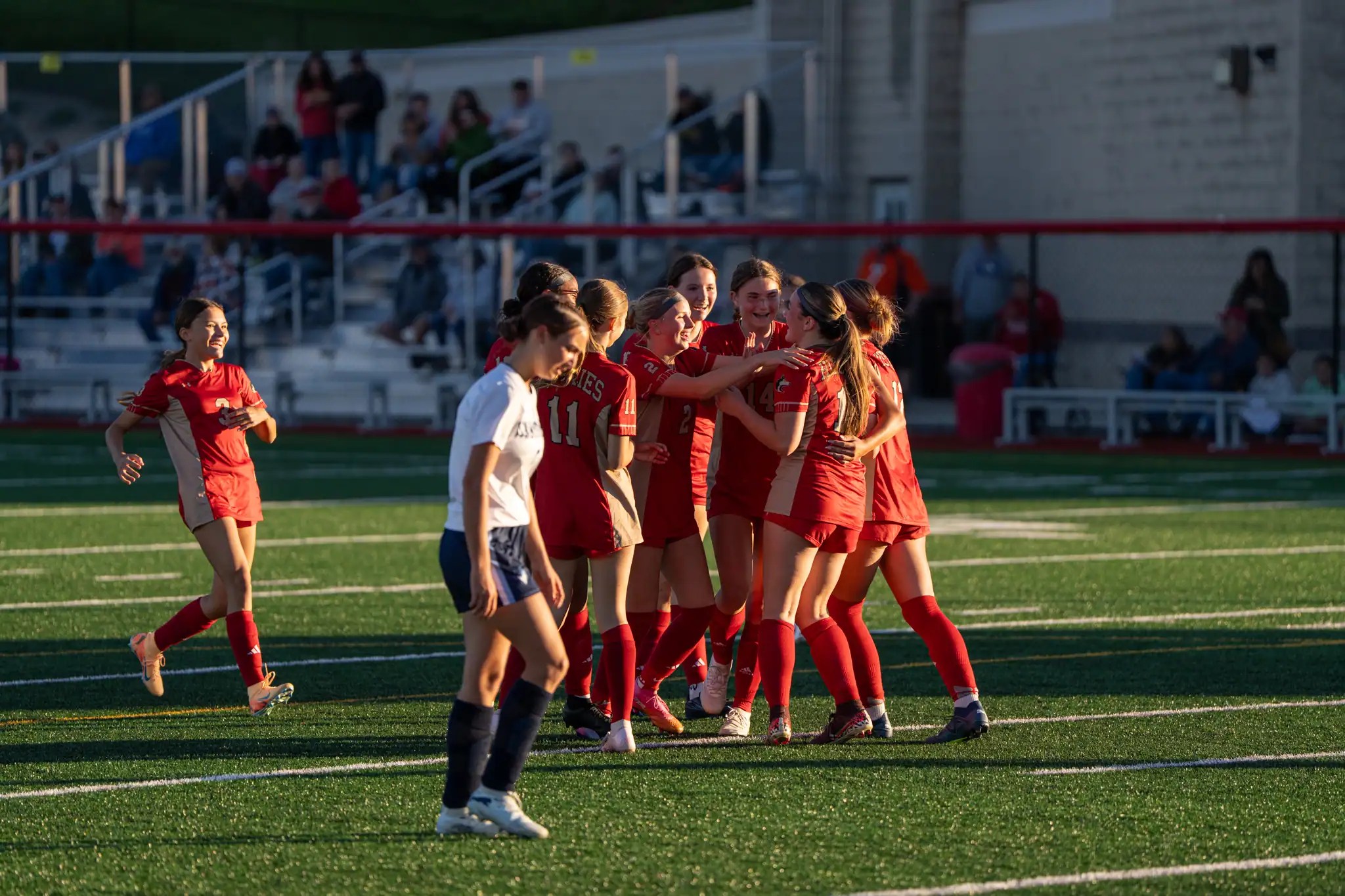 The Olean girl's soccer team celebrates a goal during their second win of the season over Catt-Little Valley. | Photo by Hunter O. Lyle