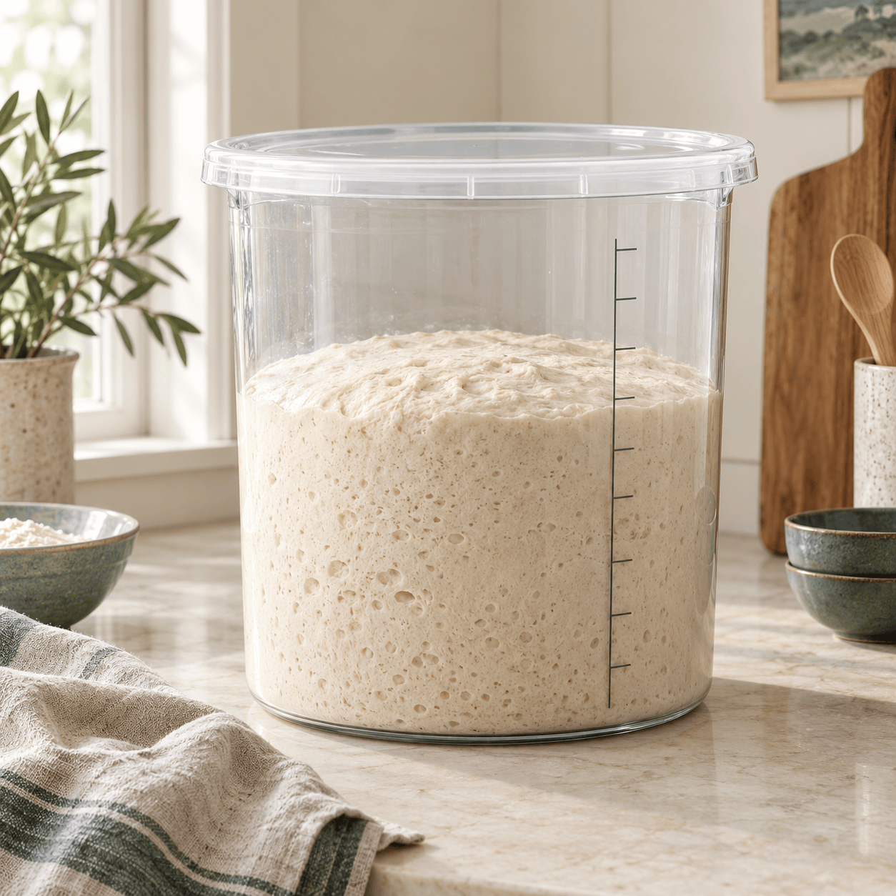Clear dough-proofing container holding risen sourdough dough.