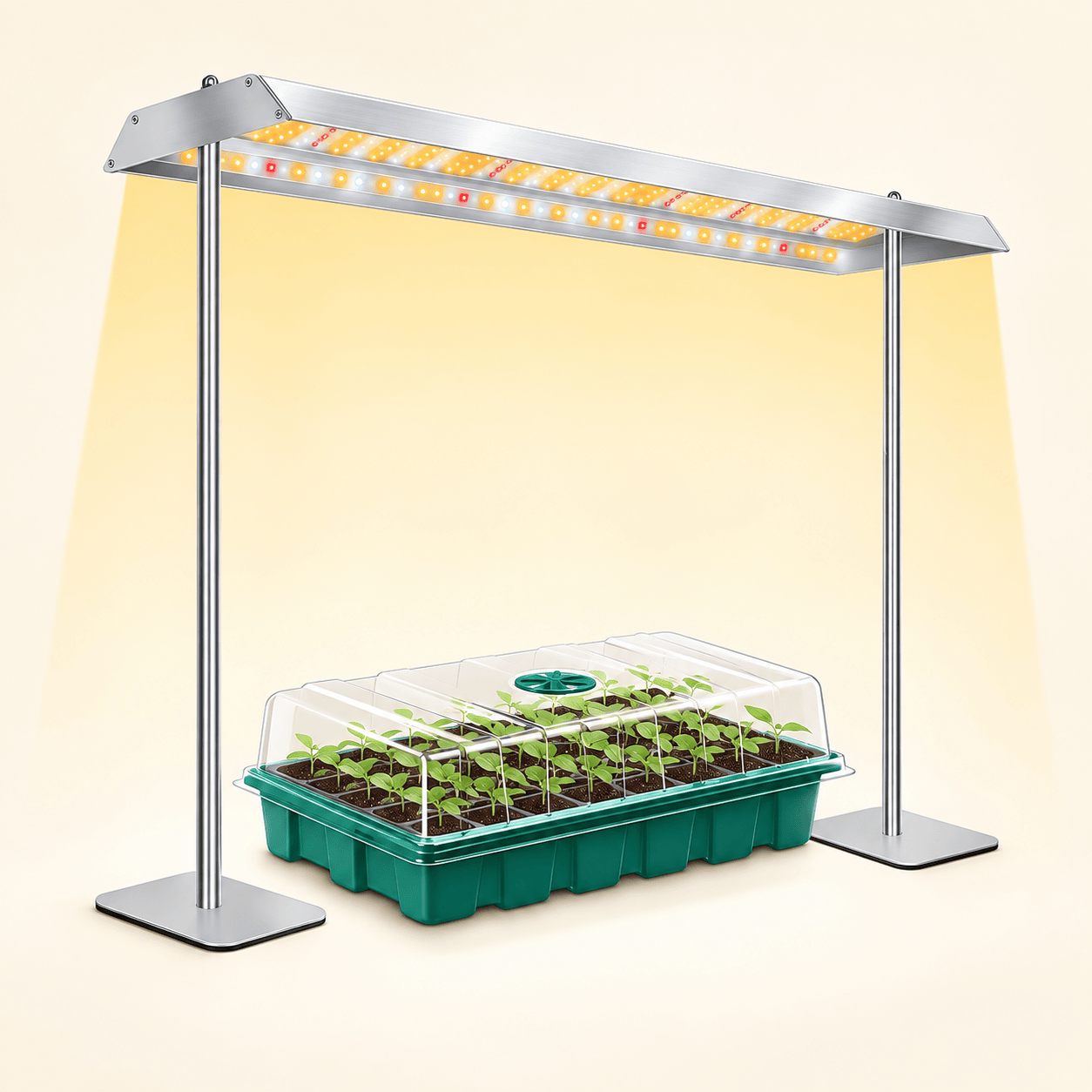 SDOVUERC 60W adjustable full-spectrum grow-light stand illuminating a seedling tray