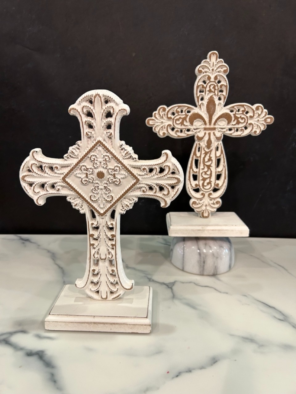 Standing Wood Cross - white swirly