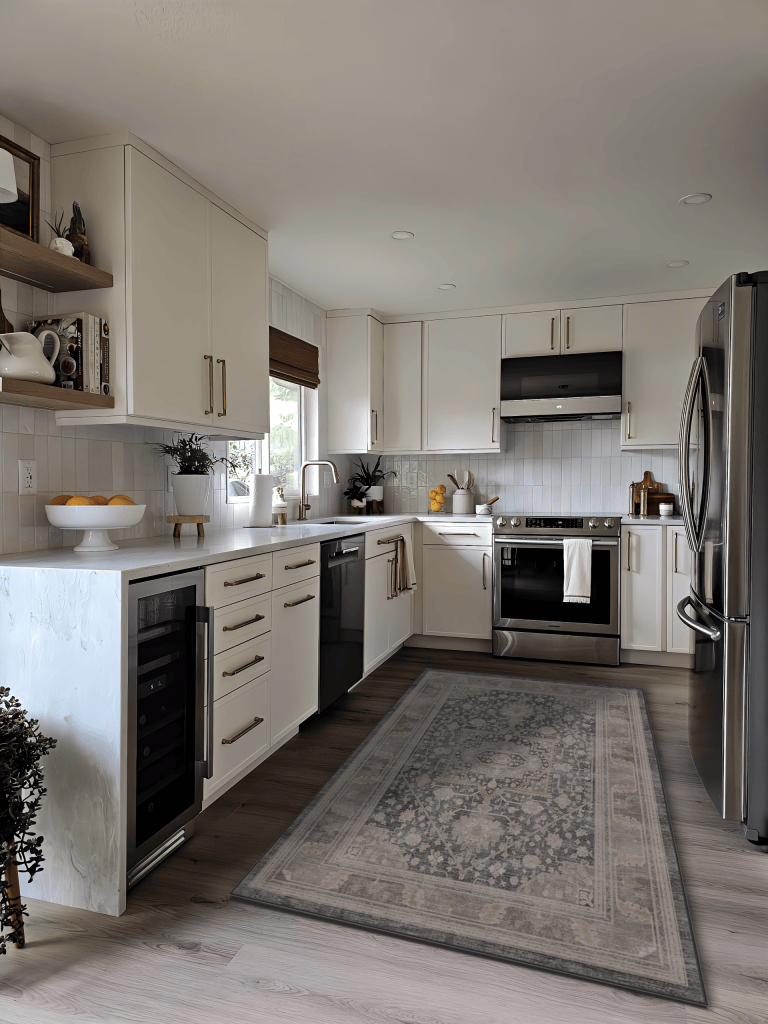 Brizo Luxe Gold Odin, Indigo Quartz, Powder Cabinets, Alabaster, Bamboo Roman Shade, Bedrosians Cloe White, Samsung Appliances, Top Knobs Honey Bronze