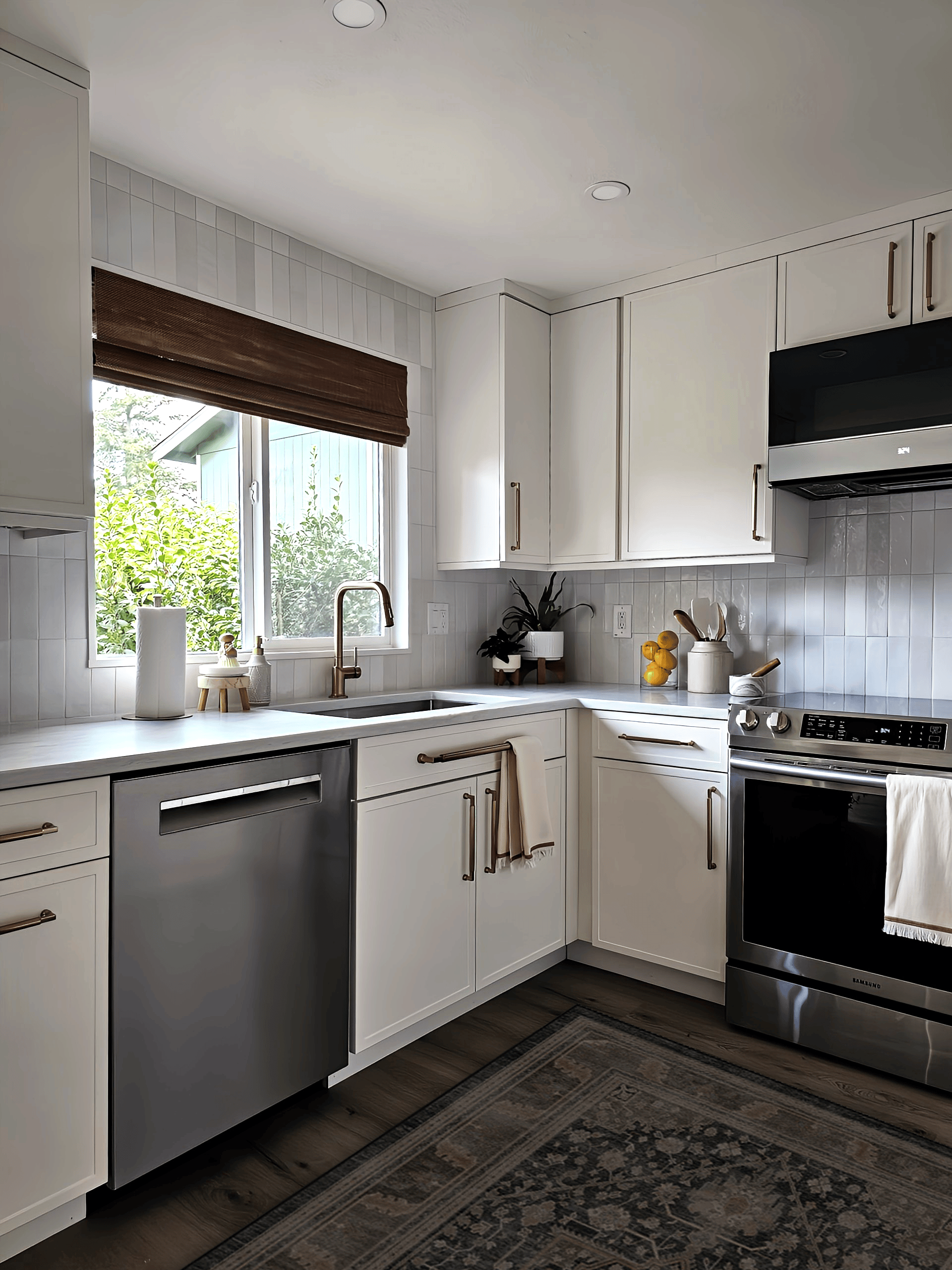 Kitchen Renovation with Brizo Luxe Gold, Top Knobs Honey Bronze, Ruggable, Bedrosians Cloe White