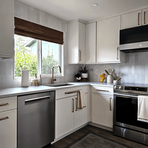 Kitchen Renovation with Brizo Luxe Gold, Top Knobs Honey Bronze, Ruggable, Bedrosians Cloe White