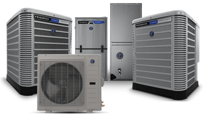Cluster of Friedrich-brand air conditioning units: two large outdoor condensers, a central vertical cabinet, and a compact outdoor compressor.