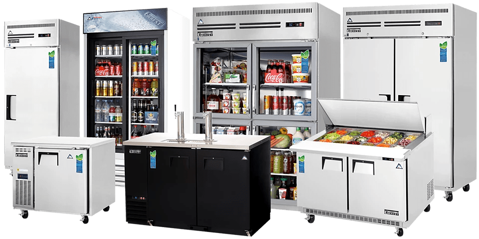 Set of commercial refrigeration units and a prep counter for a professional kitchen, including glass-door cooler and cold food display.