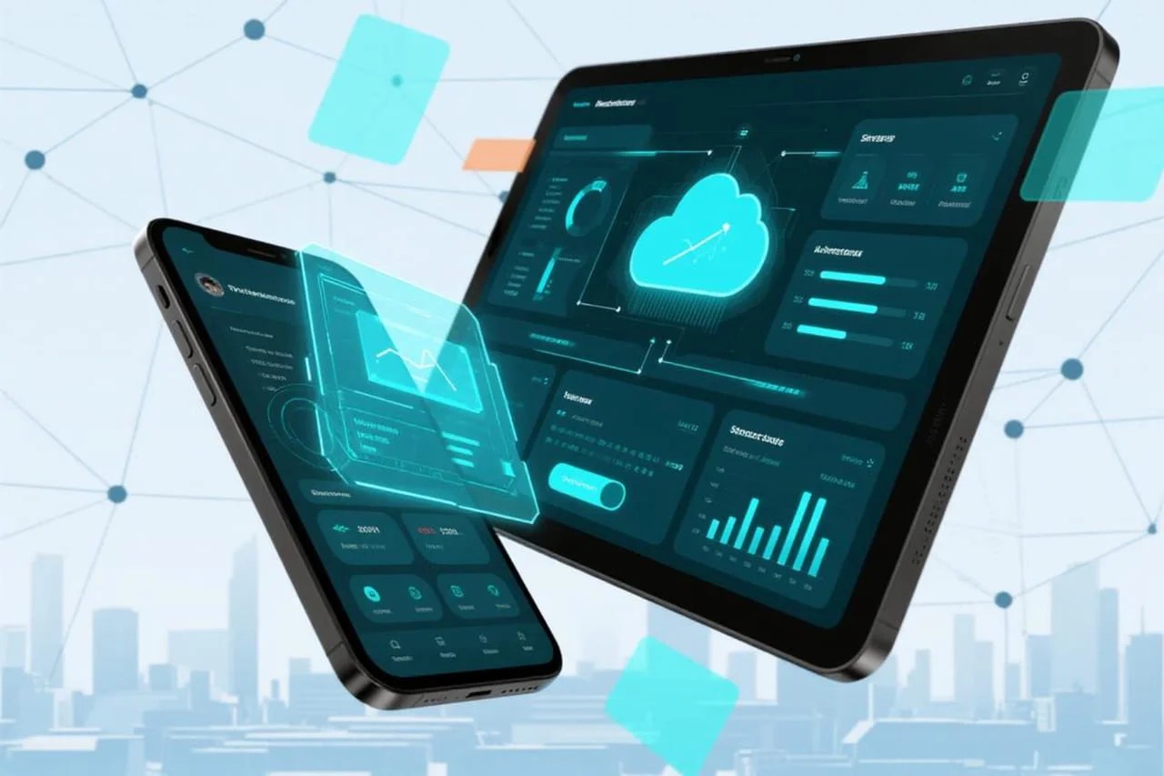 Minimalist digital illustration of a smartphone and tablet with glowing wireframe app interfaces, floating UI elements, and data icons over a futuristic business network background