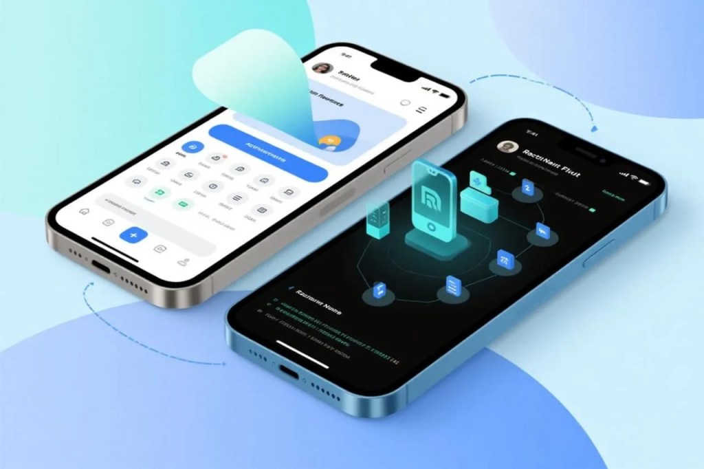 Split-screen digital illustration contrasting native app development with cross-platform tools
