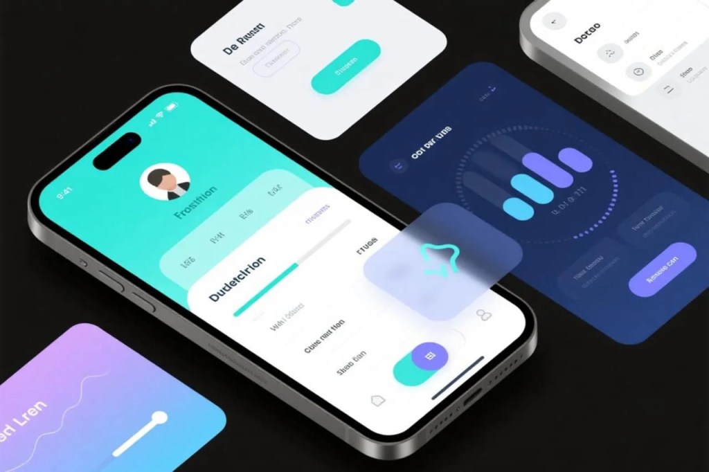 Futuristic smartphone interface showing glowing micro-interactions, contextual onboarding cards, progress indicators, and soft light pulses to represent behavior nudges and user retention