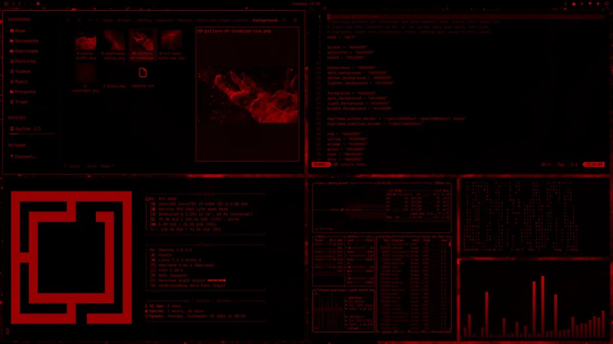Darkroom Night Vision Omarchy theme red-only desktop screenshot