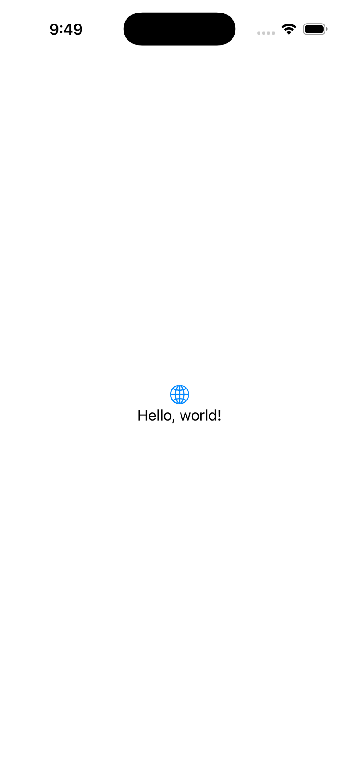 Hello world SwiftUI app running in the iOS simulator, built with omarchy-apple-dev