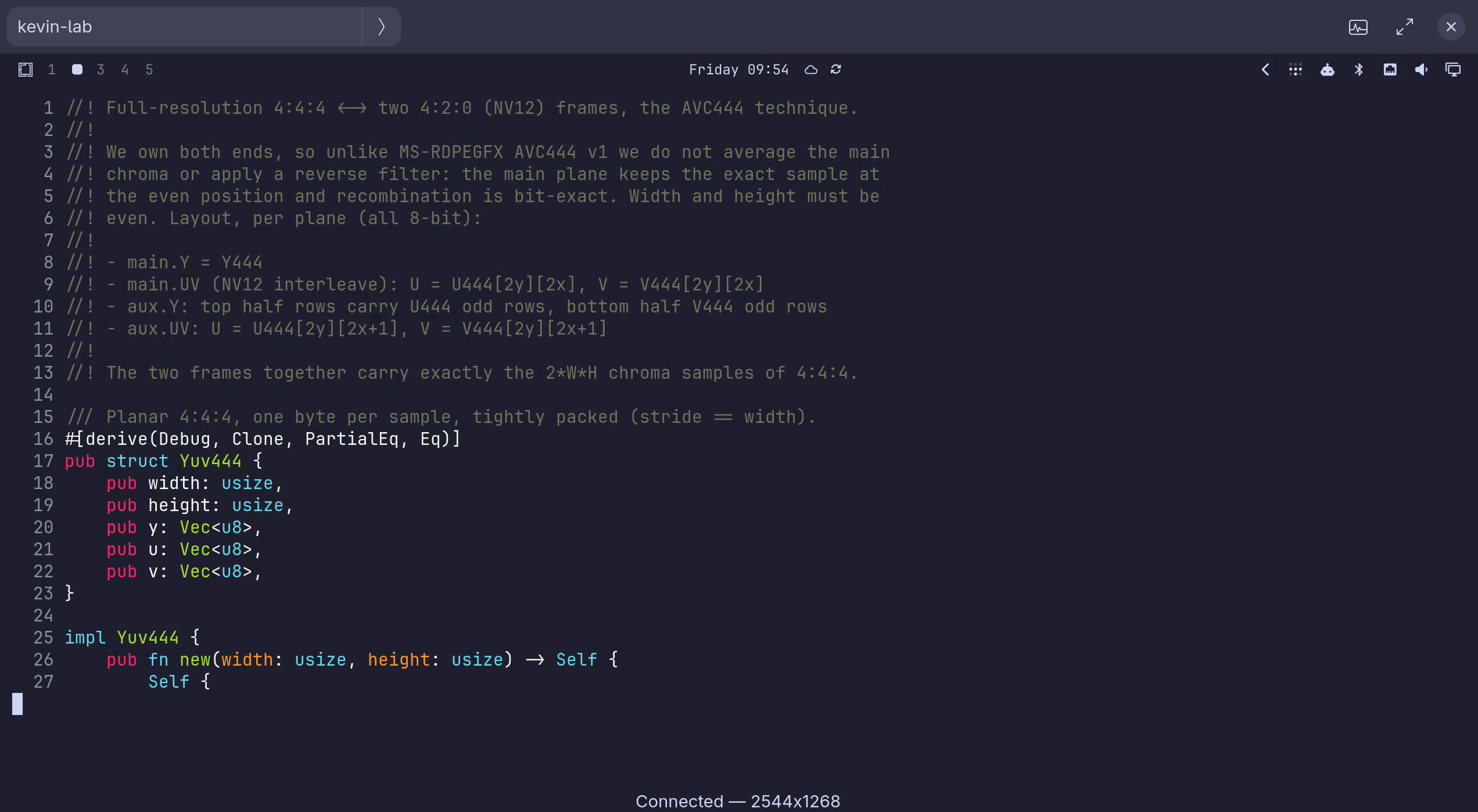 A Gliff remote desktop window connected to the machine 'kevin-lab', showing a terminal with Rust source code in a dark Omarchy theme.