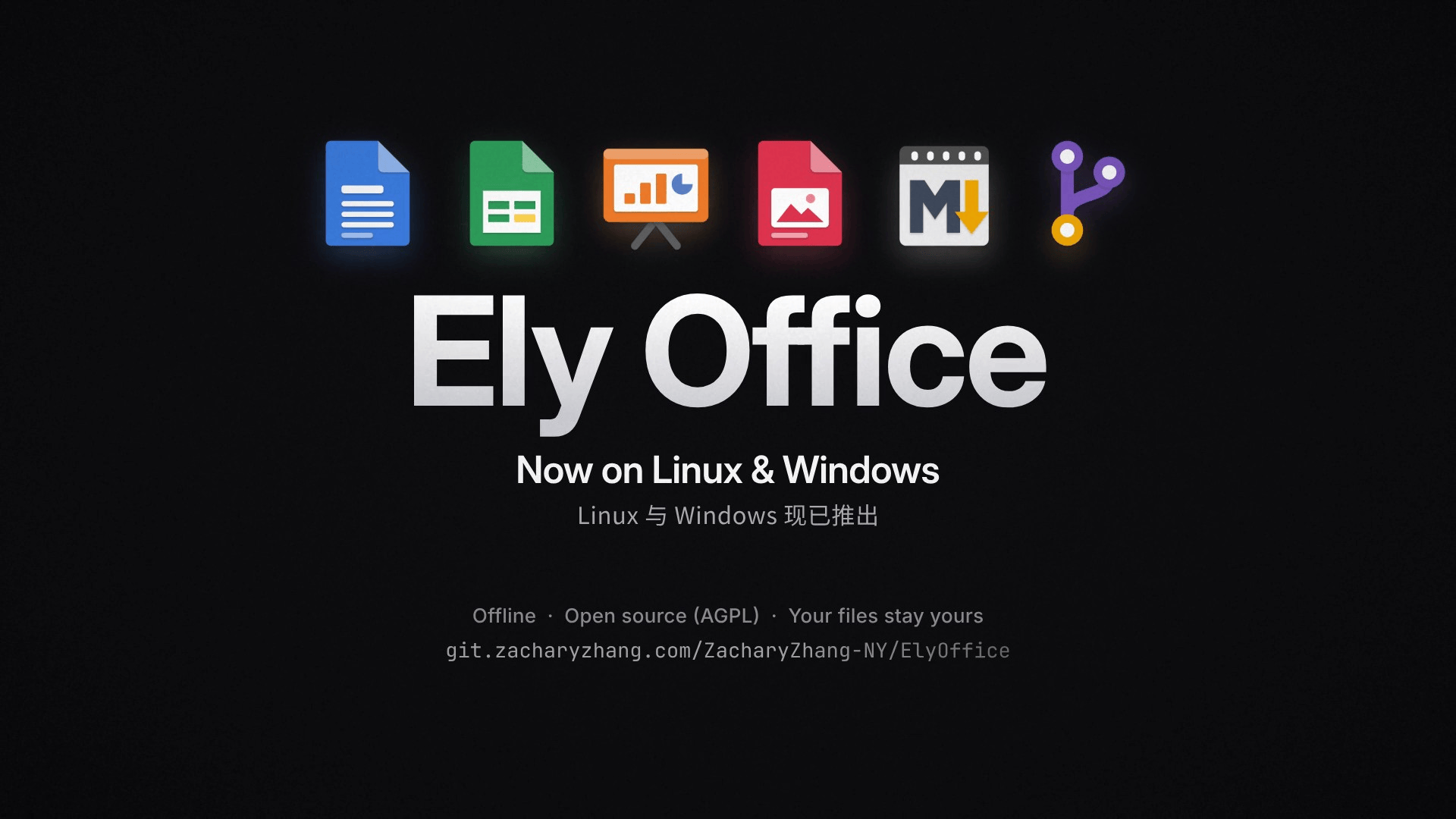 Ely Office announcement card showing document, spreadsheet, presentation and Markdown app icons above the text 'Ely Office — Now on Linux & Windows'.
