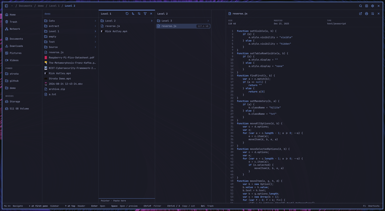 Screenshot of the Strata file manager showing a sidebar, nested folder columns and a code file preview in a dark theme.