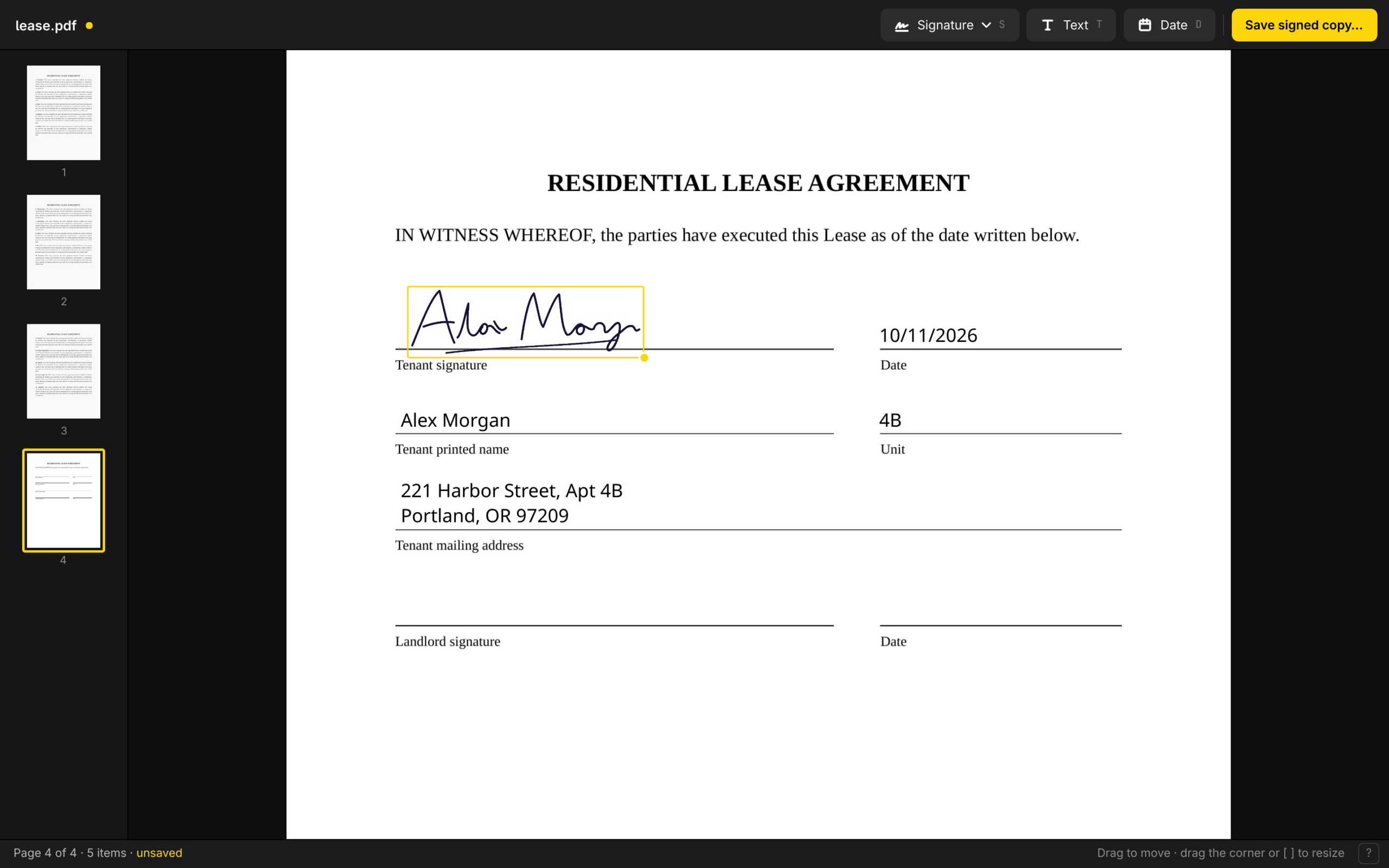 The Signed app in Omarchy, with a handwritten signature placed on a lease agreement PDF and page thumbnails in a sidebar.