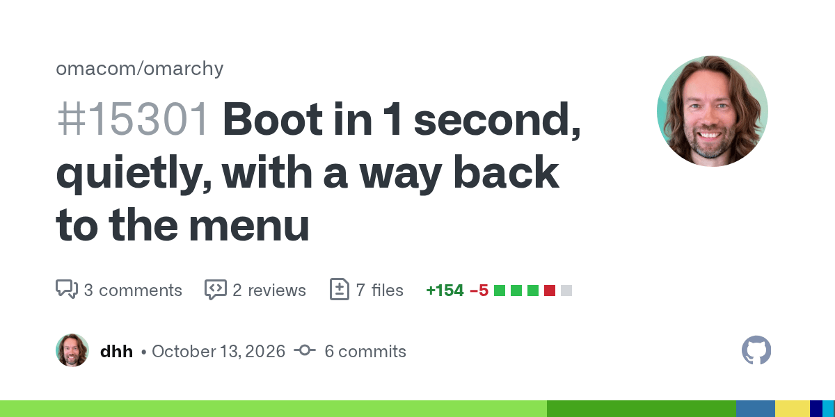 GitHub card for omacom/omarchy pull request #15301, Boot in 1 second, quietly, with a way back to the menu, by dhh