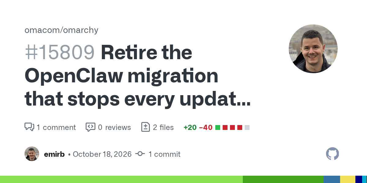 GitHub card for pull request #15809 in omacom/omarchy by emirb, retiring the OpenClaw migration that stops every update on Omarchy 4.0.5