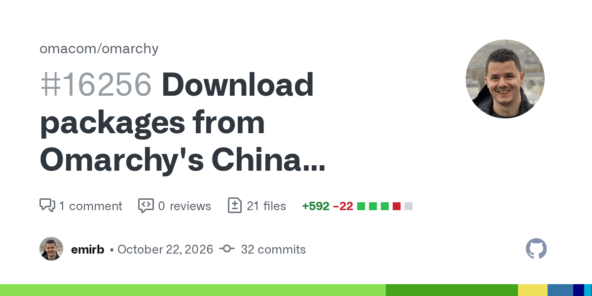 GitHub card for omacom/omarchy pull request #16256, Download packages from Omarchy's China mirrors, by emirb: 21 files, +592 -22, 32 commits