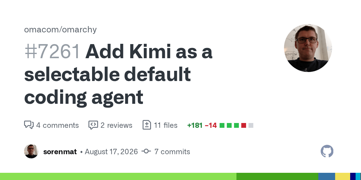 GitHub card for omacom/omarchy pull request #7261, Add Kimi as a selectable default coding agent, by sorenmat