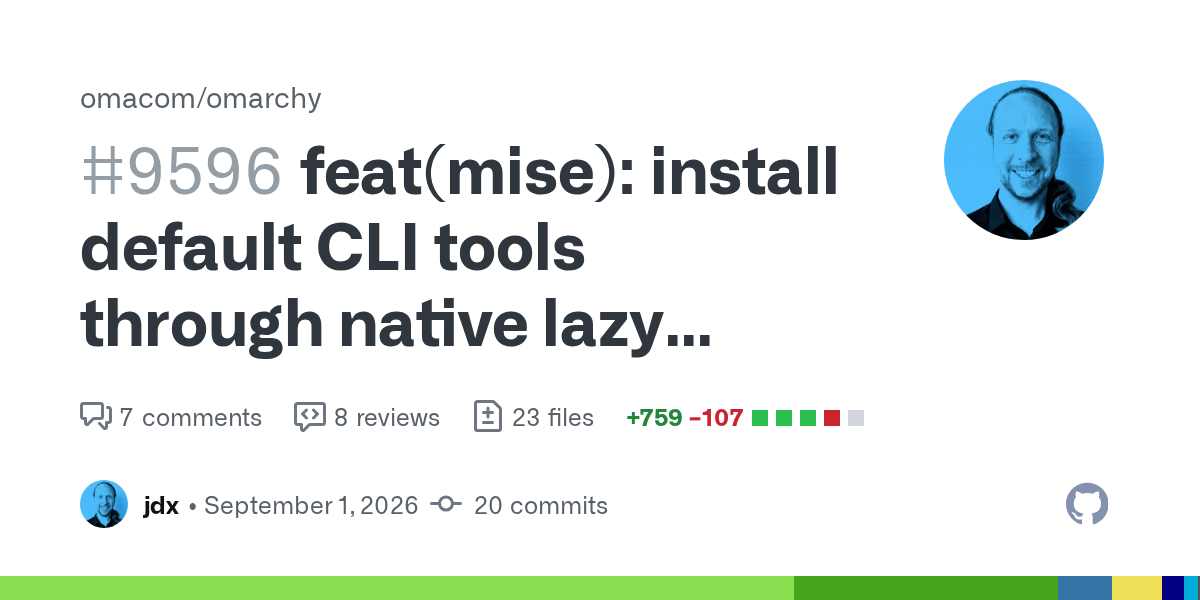 GitHub card for pull request #9596 in omacom/omarchy by jdx, installing Omarchy's default CLI tools through mise native lazy shims