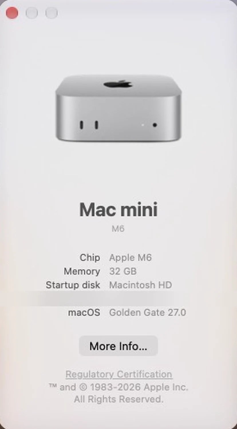 macOS About This Mac window showing a silver Mac mini with the Apple M6 chip, 32 GB of memory and macOS Golden Gate 27.0