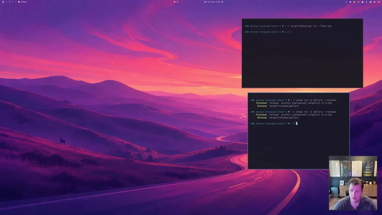 Omarchy desktop with two terminal windows running oma run ./Todo.oma and cargo run -p gallery, with Chris Hallas on webcam in the corner
