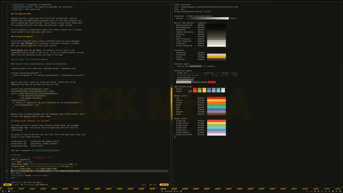 Omarchy desktop in the Black Mesa theme: Neovim editing a README on the left and a terminal listing the theme's amber, grey and ANSI color palette on the right